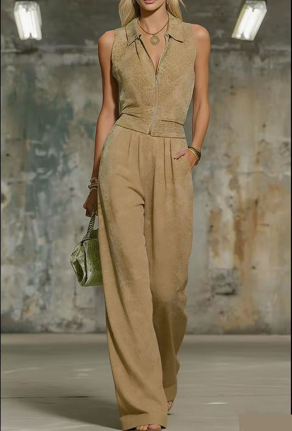 Cool Printed Zip-Up Sleeveless Top & Matching Wide Leg Pants Set Khaki CJ Dropshipping Solid Color Jumpsuit