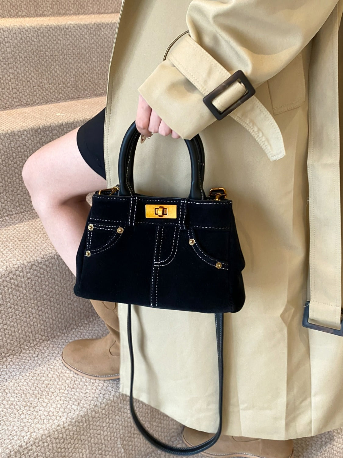 Small Suede Adjustable Strap Double-Use Handbag