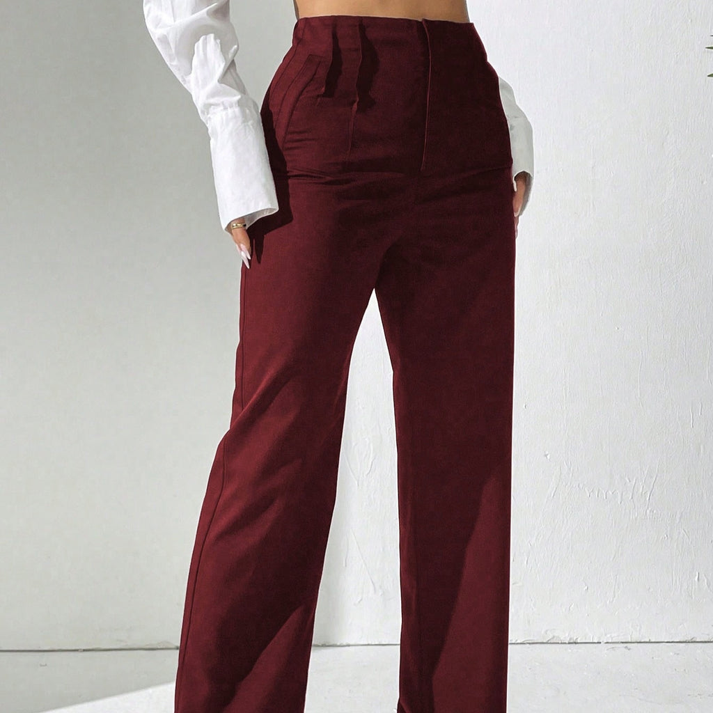 Solid Color Straight Leg High Waisted Slacks