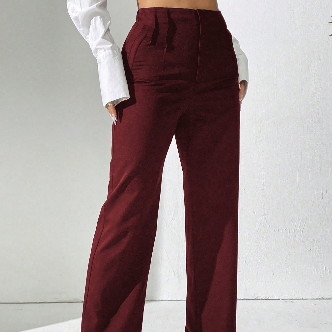 Solid Color Straight Leg High Waisted Slacks