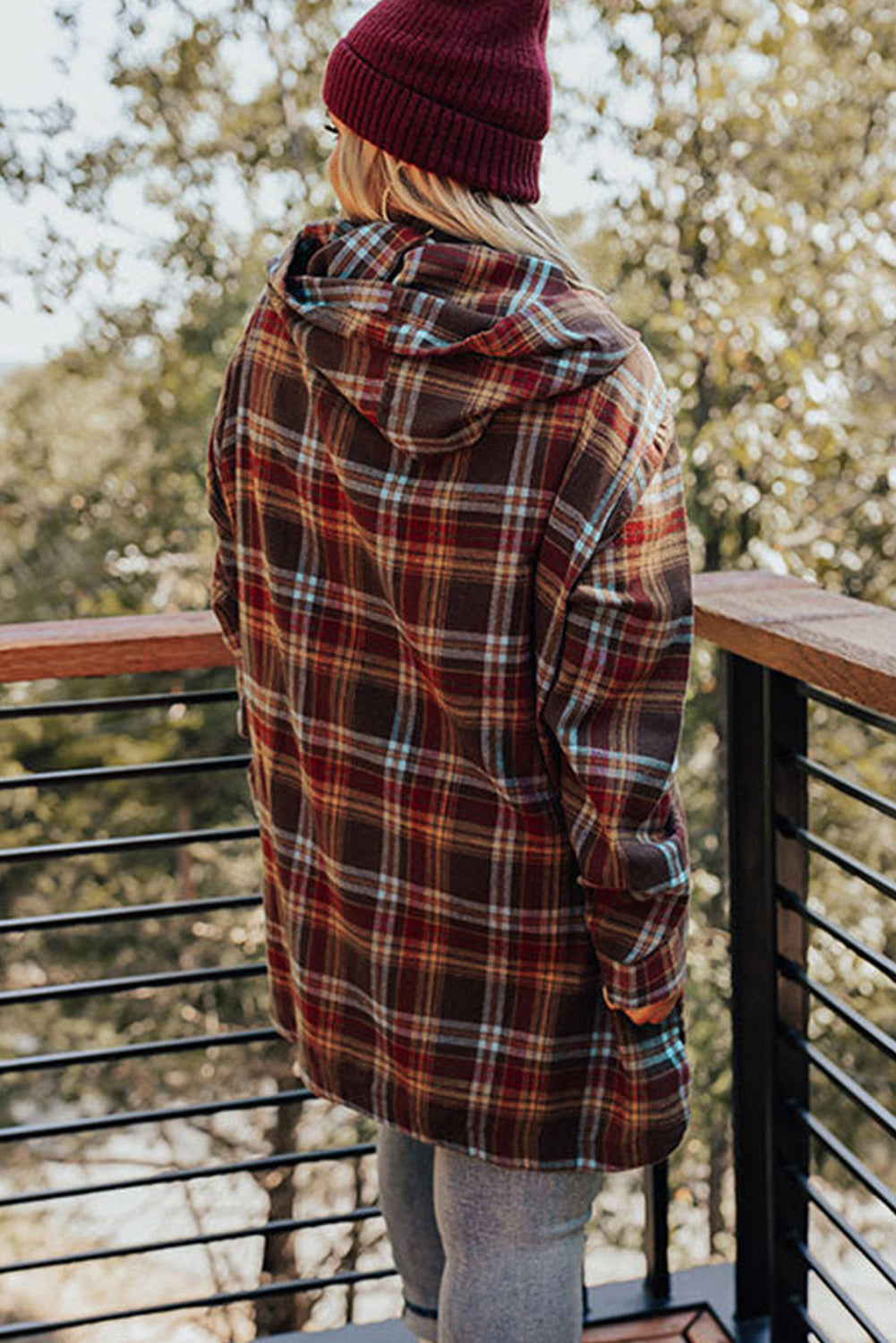 Red & Brown Plus Size Plaid Kangaroo Pocket Drawstring Hoodie