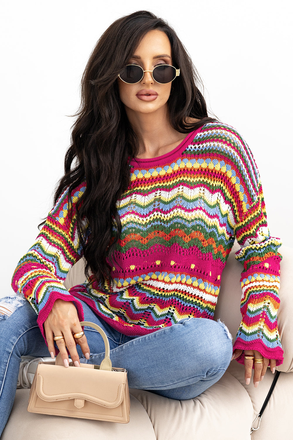 Colorful Striped Hollowed Knit Loose Sleeve Sweater