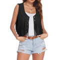 Women's Retro Suede Short Tassel Vest Black Bazaare Mart Faux Suede Fringe Vest