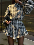 Lantern Sleeve Shirt and Ruffled Skirt Set Light Gray Bazarre Mart Distressed Plaid Ruffle Shorts Set