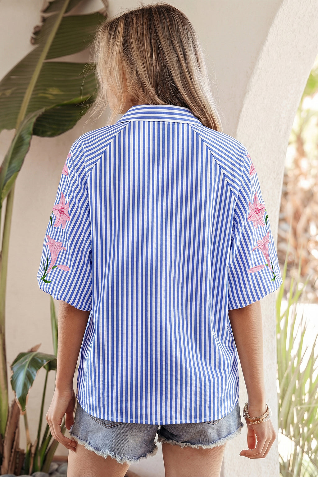 Sky Blue Stripe Embroidered Puff Sleeve Shirt – Lily Floral Button Down Blouse Dear-Lover Dropshipping Tops/Blouses & Shirts