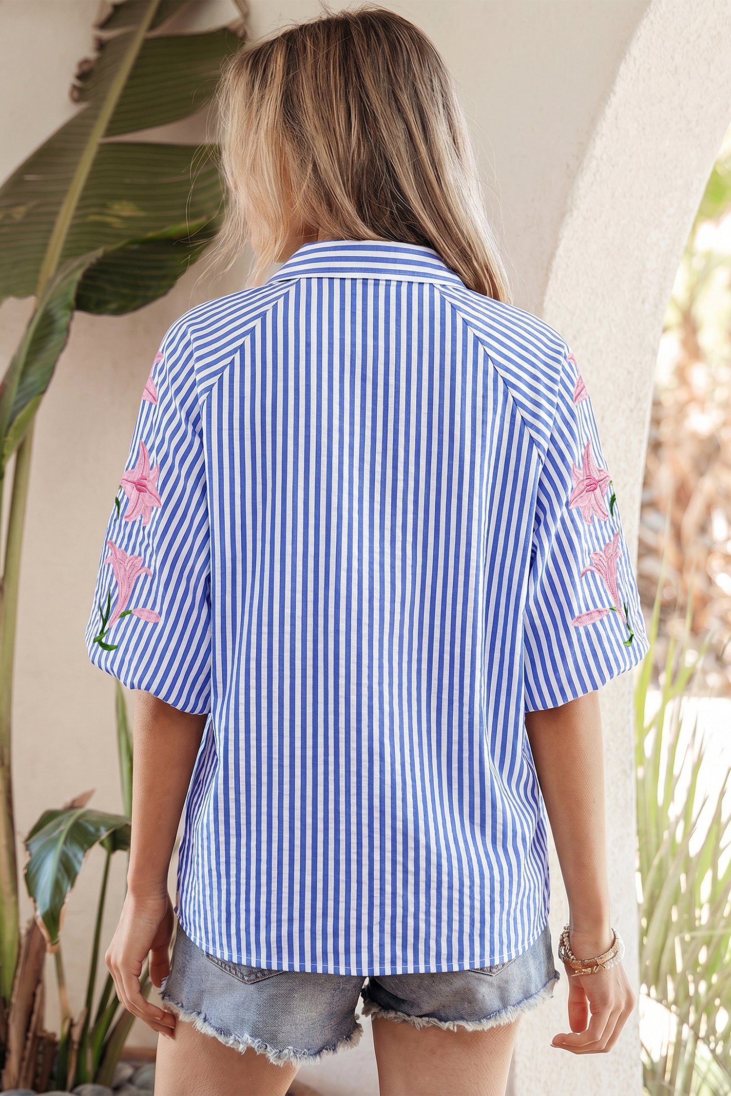 Sky Blue Stripe Embroidered Puff Sleeve Shirt – Lily Floral Button Down Blouse Dear-Lover Dropshipping Tops/Blouses & Shirts