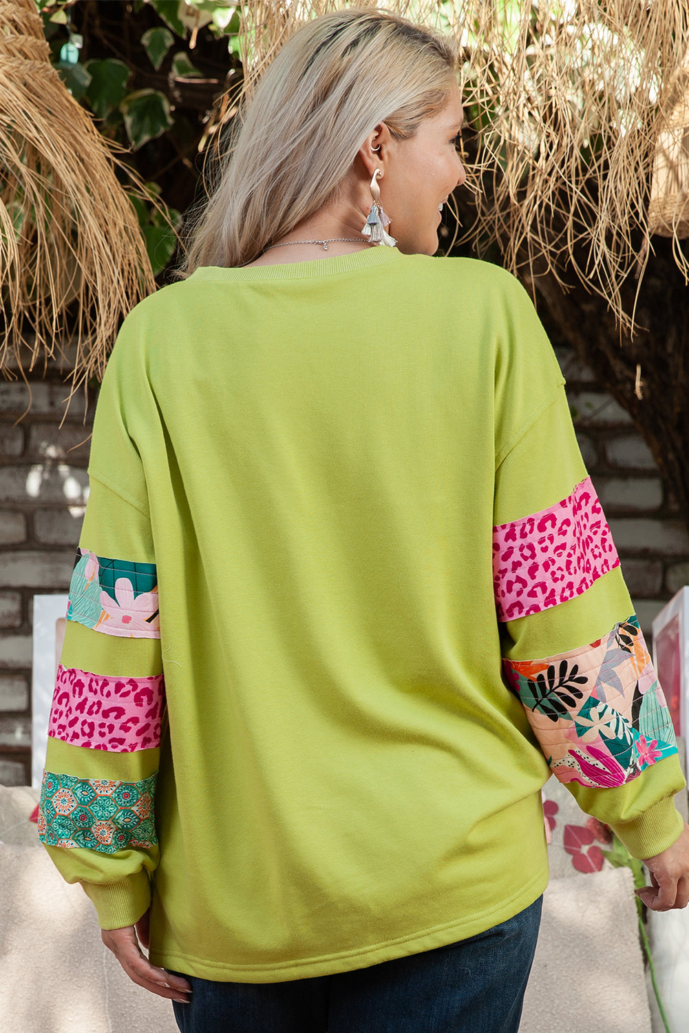 Lime Green Plus Size Patchwork Sleeve Sweatshirt