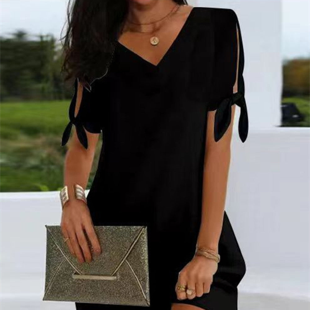 Women’s V-Neck Cold Shoulder Bow Sleeve A-Line Dress CJ Dropshipping Solid Color Cold Shoulder V-Neck Dress