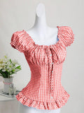 Women's Off-Shoulder Plaid Peasant Top – Puff Sleeve Tie-Front Ruffle Hem Blouse Red CJ Dropshipping Gingham Peasant Top