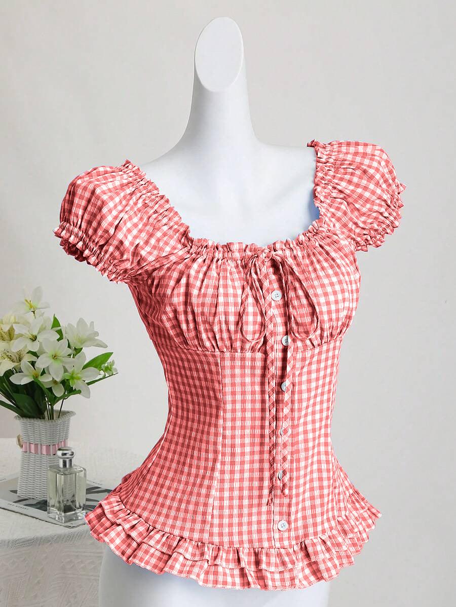 Women's Off-Shoulder Plaid Peasant Top – Puff Sleeve Tie-Front Ruffle Hem Blouse Red CJ Dropshipping Gingham Peasant Top