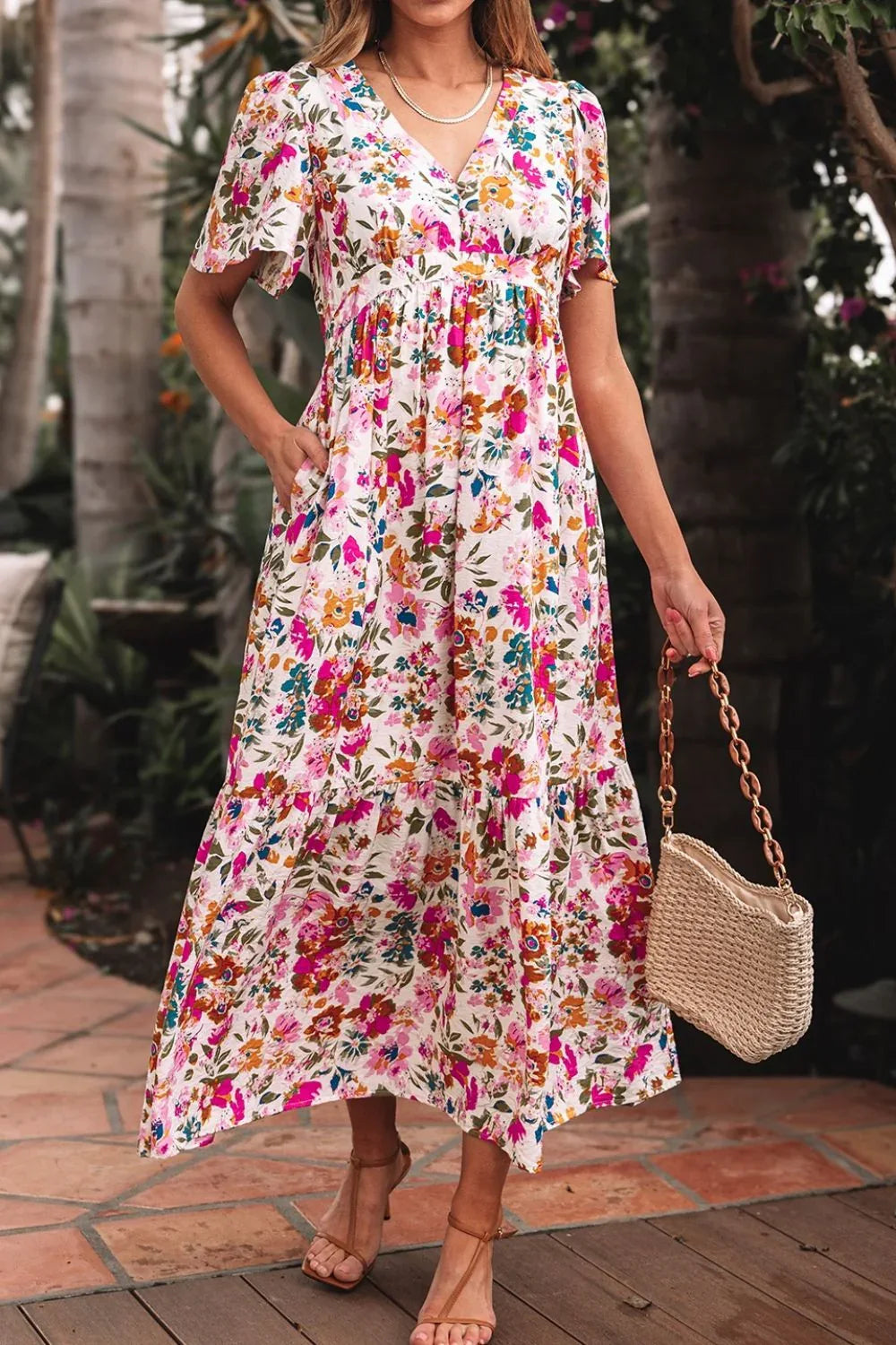 Floral Puff Sleeve Midi Dress with Pockets Bazaare Mart Floral Midi Dress