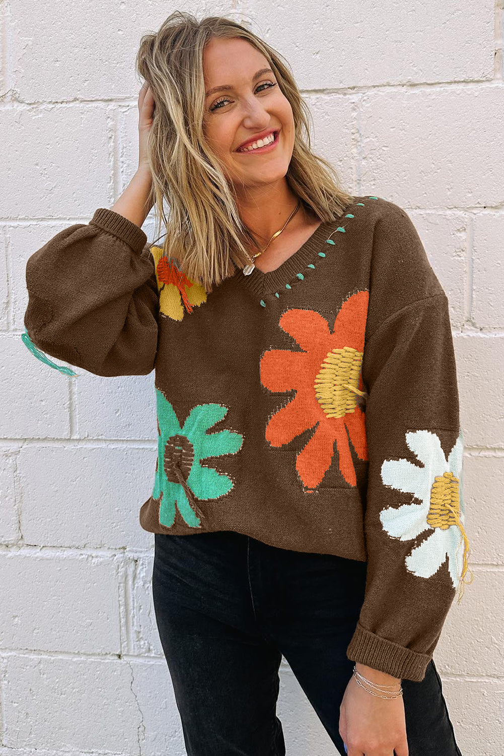 Coffee Big Flower V Neck Drop Shoulder Distressed Sweater