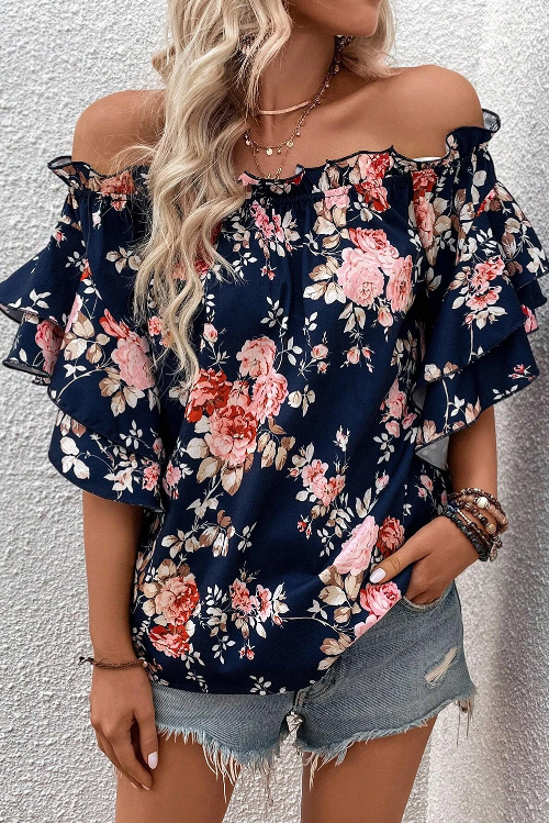 Navy Off-shoulder flounce Rose Top