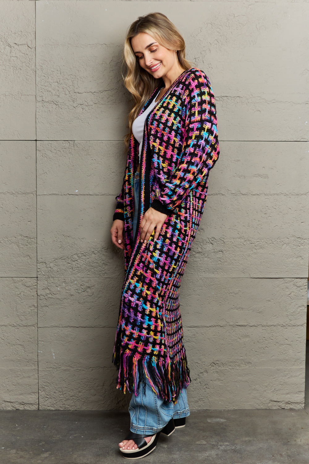 Multicolor Open Front Fringe Hem Duster Cardigan