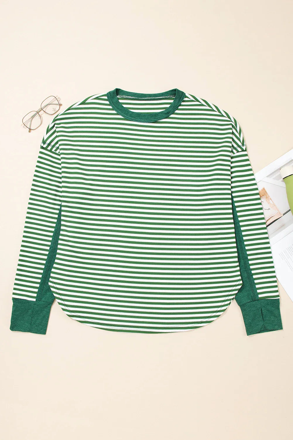 Green Stripe Patchwork Thermal Top Bazaare Mart Plus Size/Plus Size Tops/Plus Size Long Sleeve Tops