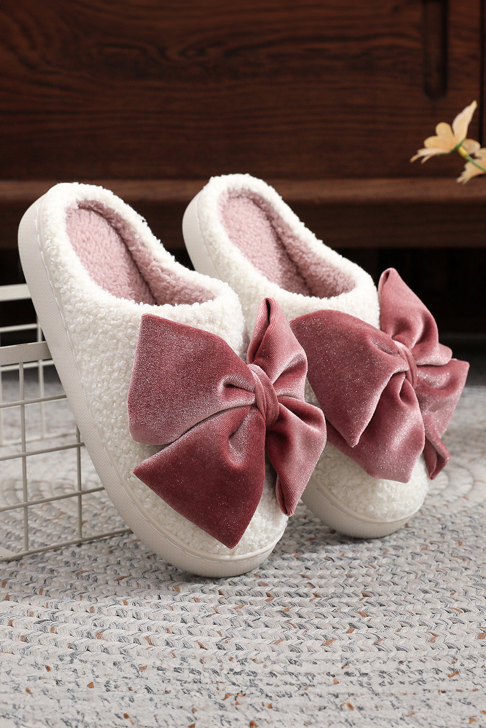 Pink Bow Fuzzy White Slippers