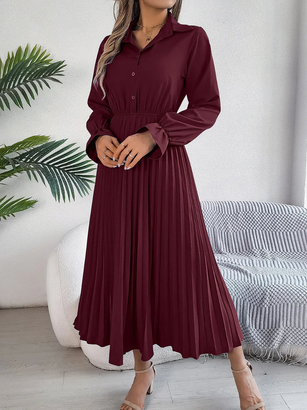 Pleated Half Button Long Sleeve Midi Dress Bazaare Mart Pleated Half Button Long Sleeve Midi Dress