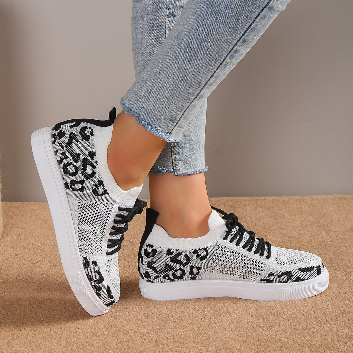 Leopard Flat Lace Up Sneakers