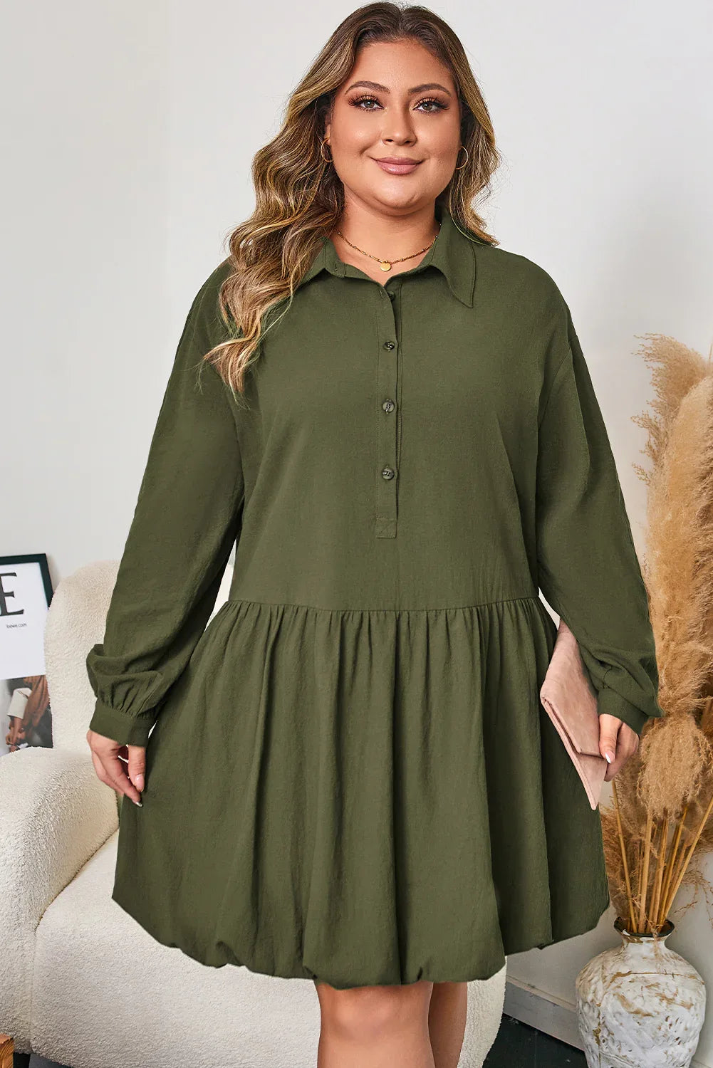 Olive Green Collared Half Button Long Sleeve Ruffle Hem Mini Dress Bazaare Mart Plus Size/Plus Size Dresses/Plus Size Mini Dresses