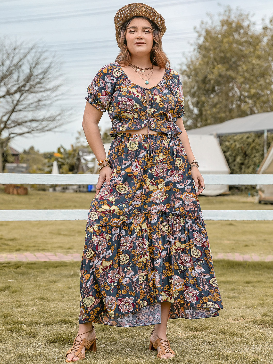 Floral Plus Size Short Sleeve Top and Skirt Set
