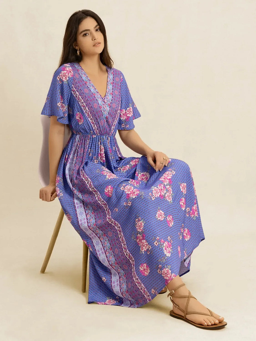 Printed Short Sleeve Midi Dress Bazarre Mart Purple Boho Midi Dress