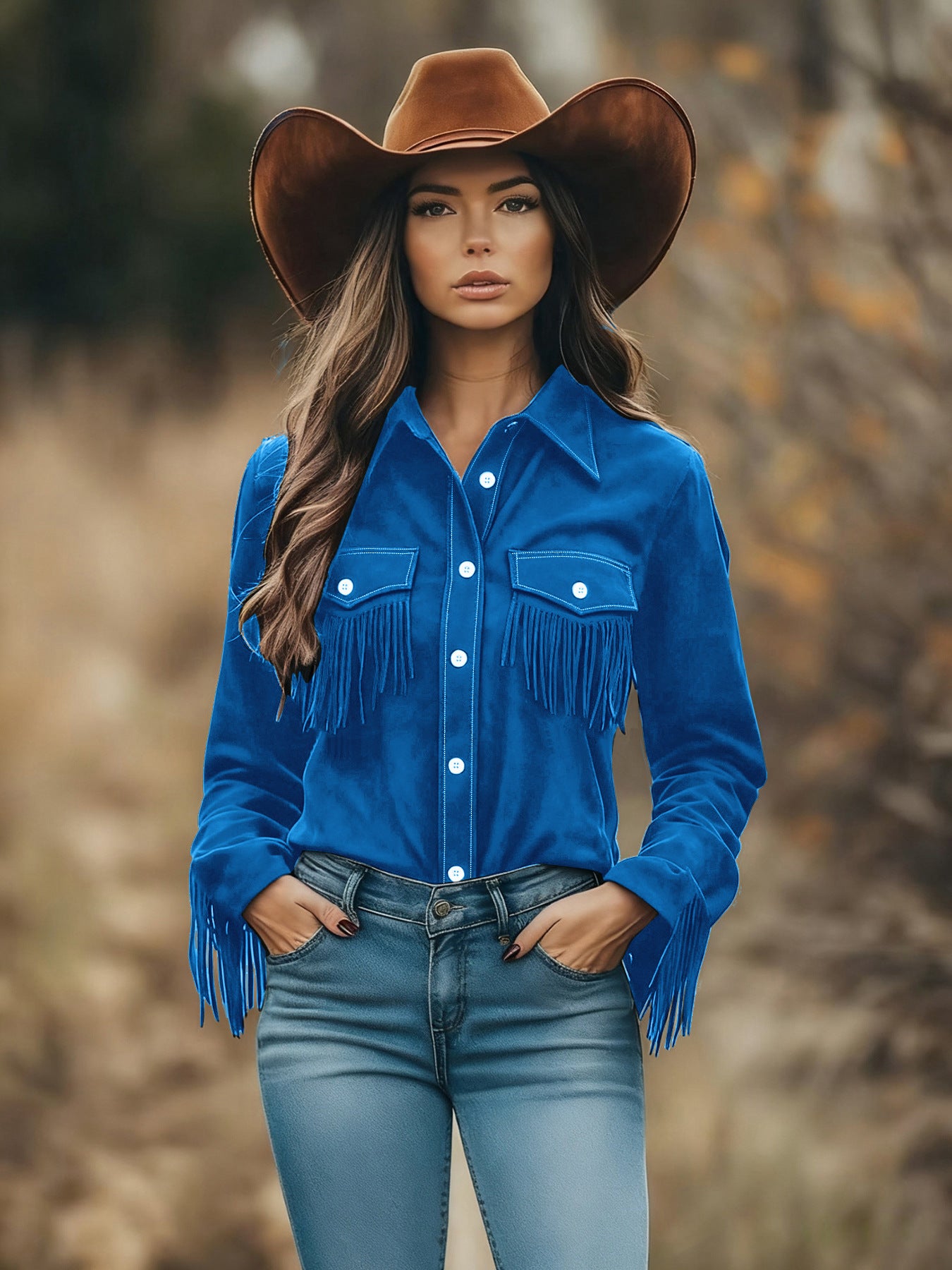 PU Suede Fringe Button Up Long Sleeve Shirt