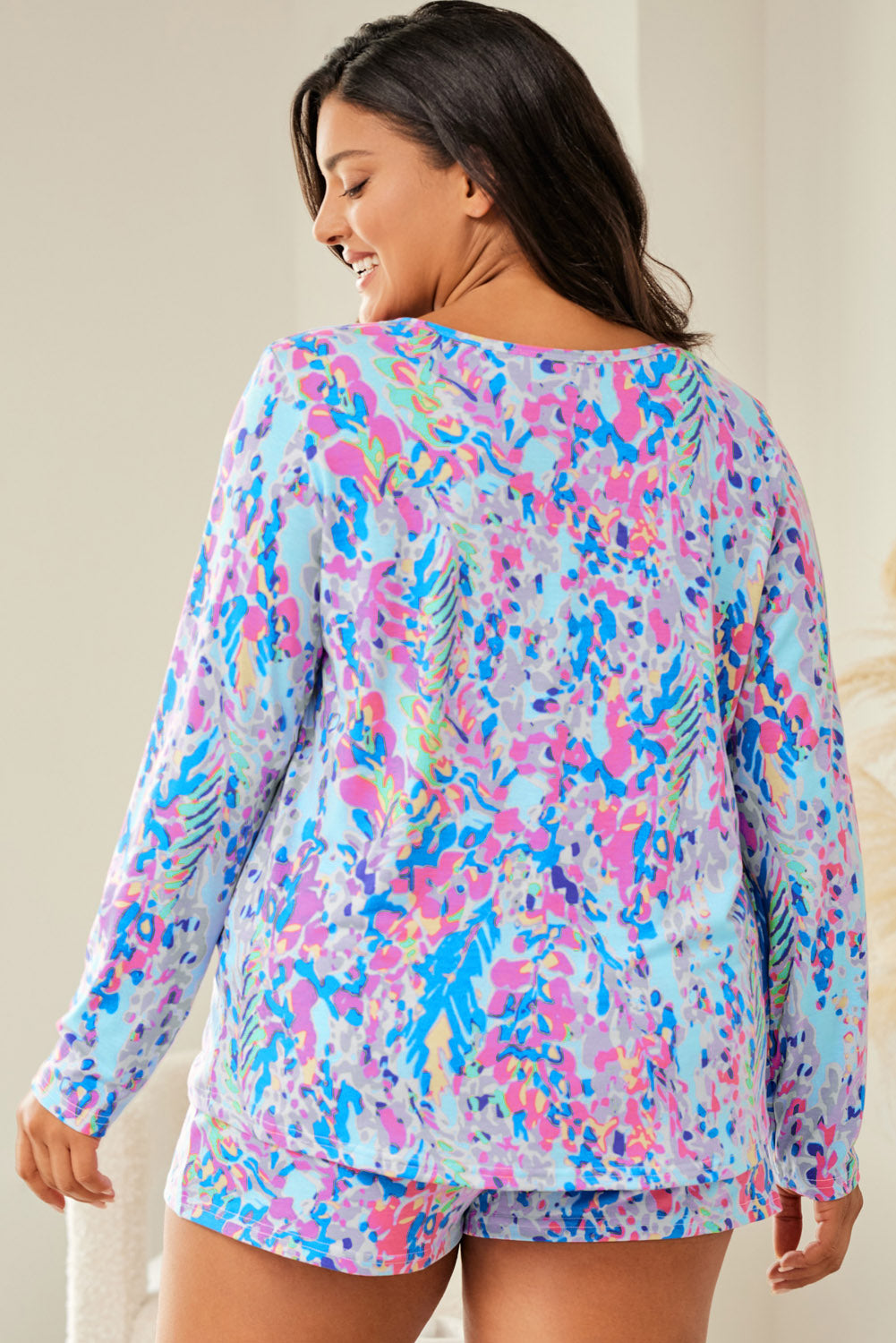 Multicolor Printed 3/4 Sleeve Split Neck Plus Size Tunic Top