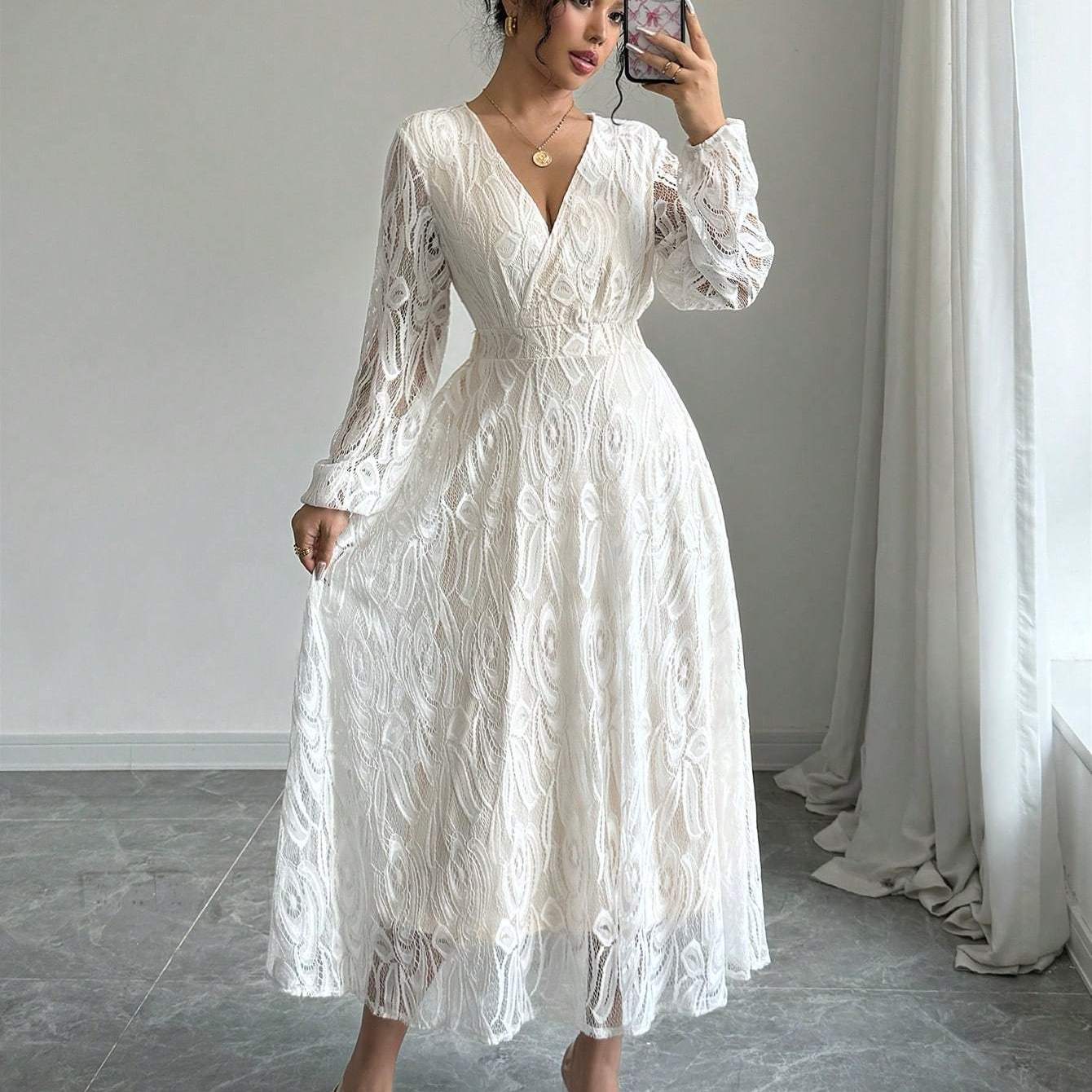 Elegant Long Sleeve V-Neck Lace Peplum Dress