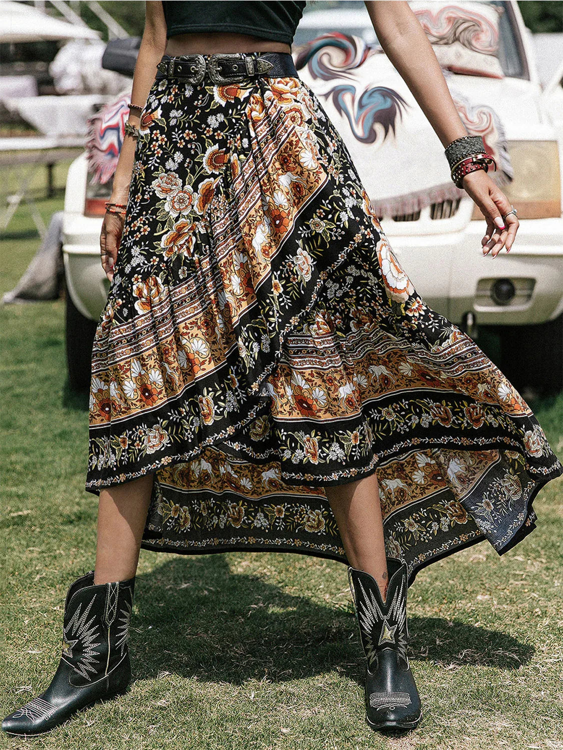 Printed High-Low Ruffle Hem Skirt Multicolor Bazaare Mart Printed High-Low Ruffle Hem Skirt