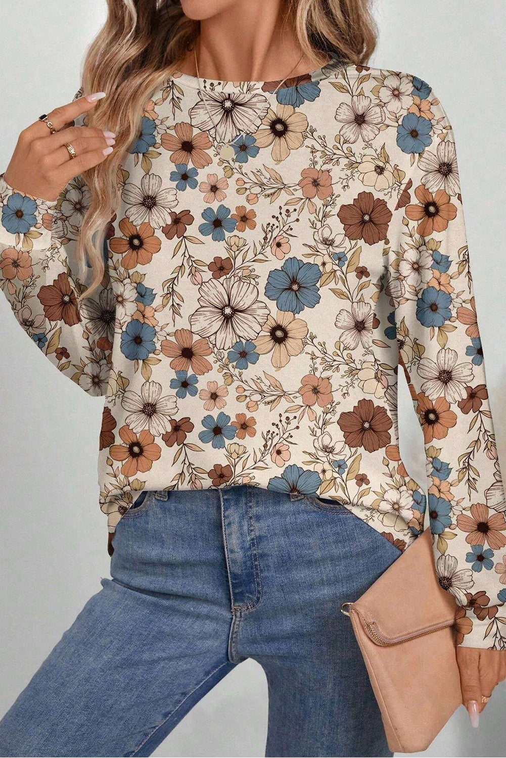 Khaki Floral Print Long Sleeve T Shirt