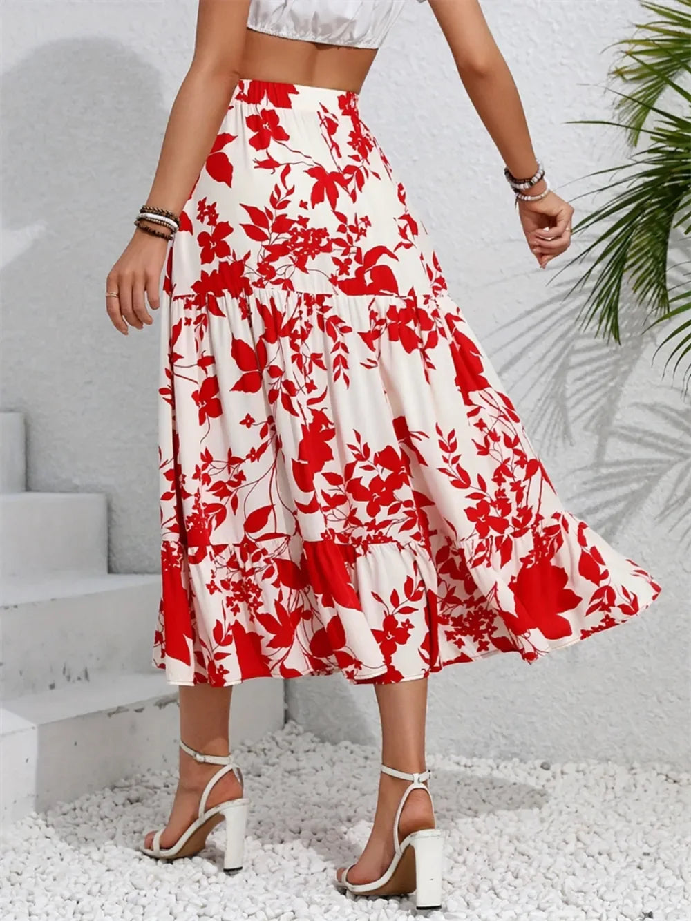 Red and White Ruffled Hem Printed Midi Skirt Trendsi Ruffled Hem Printed Midi Skirt