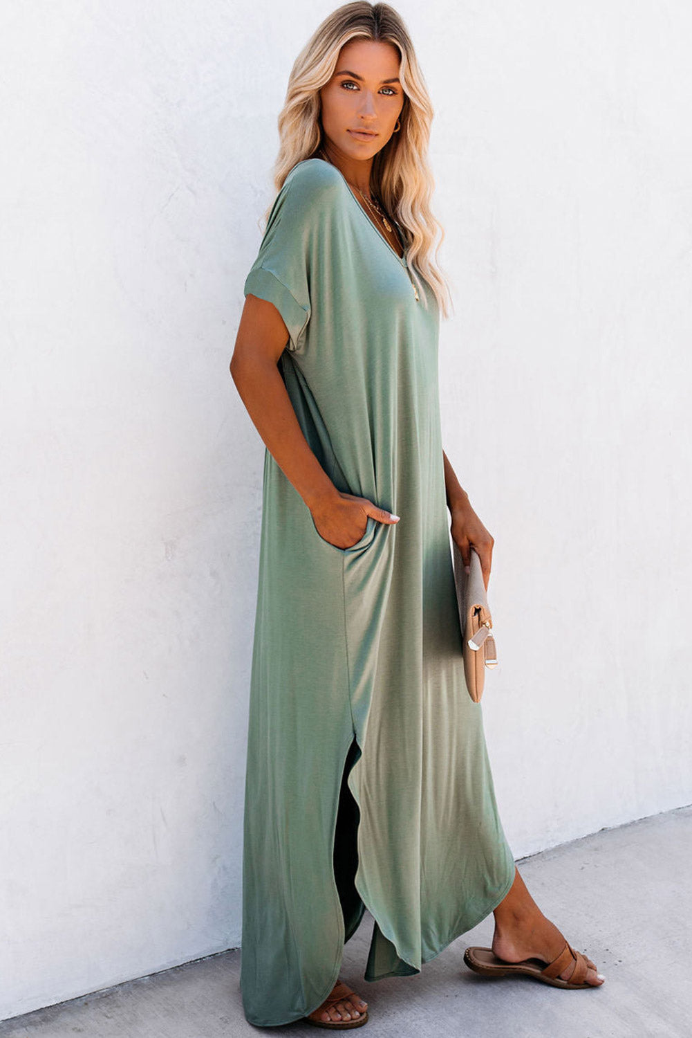 Sage V-Neck Hidden Pocket Splits Maxi T-shirt Dress
