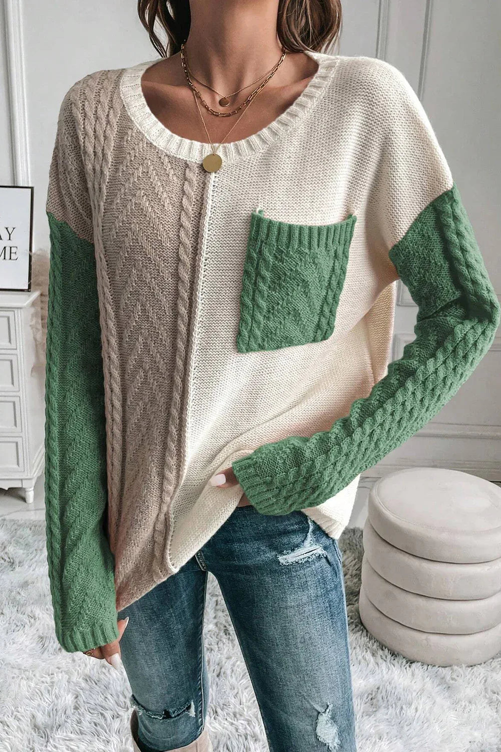 Vineyard Green Colorblock Patched Pocket Drop Shoulder Sweater Bazaare Mart Sweaters & Cardigans/Sweaters