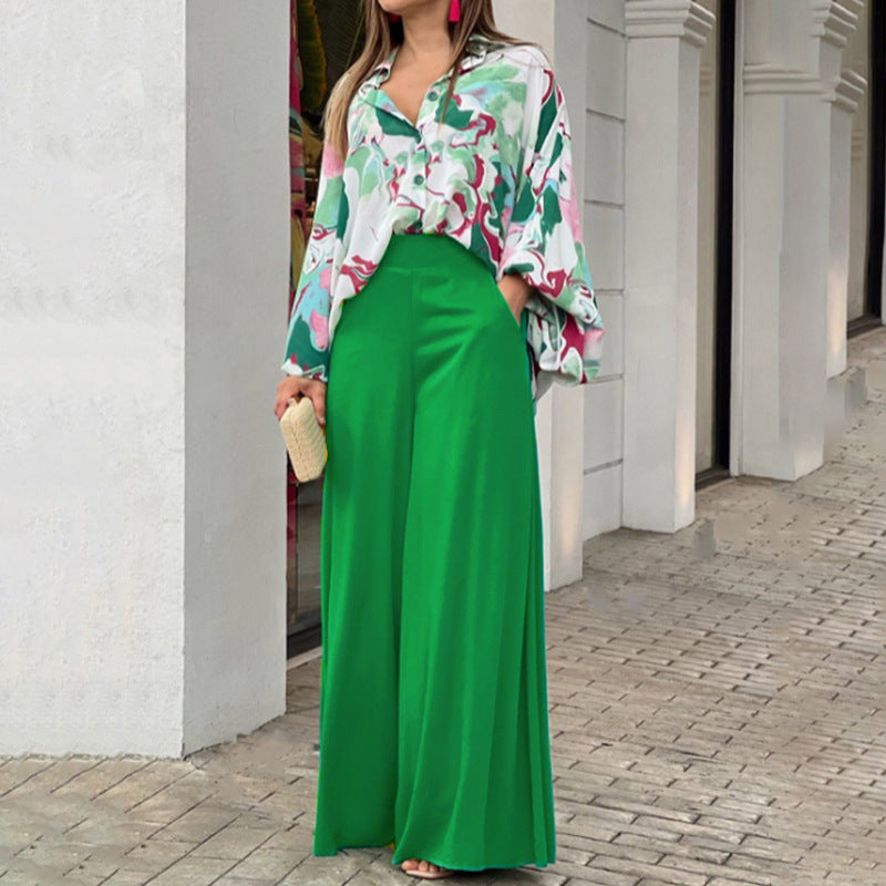 Women's Printed Shirt Wide Leg Pants Fashion Casual Set Green CJ Dropshipping 2 pc. Pants Outfit