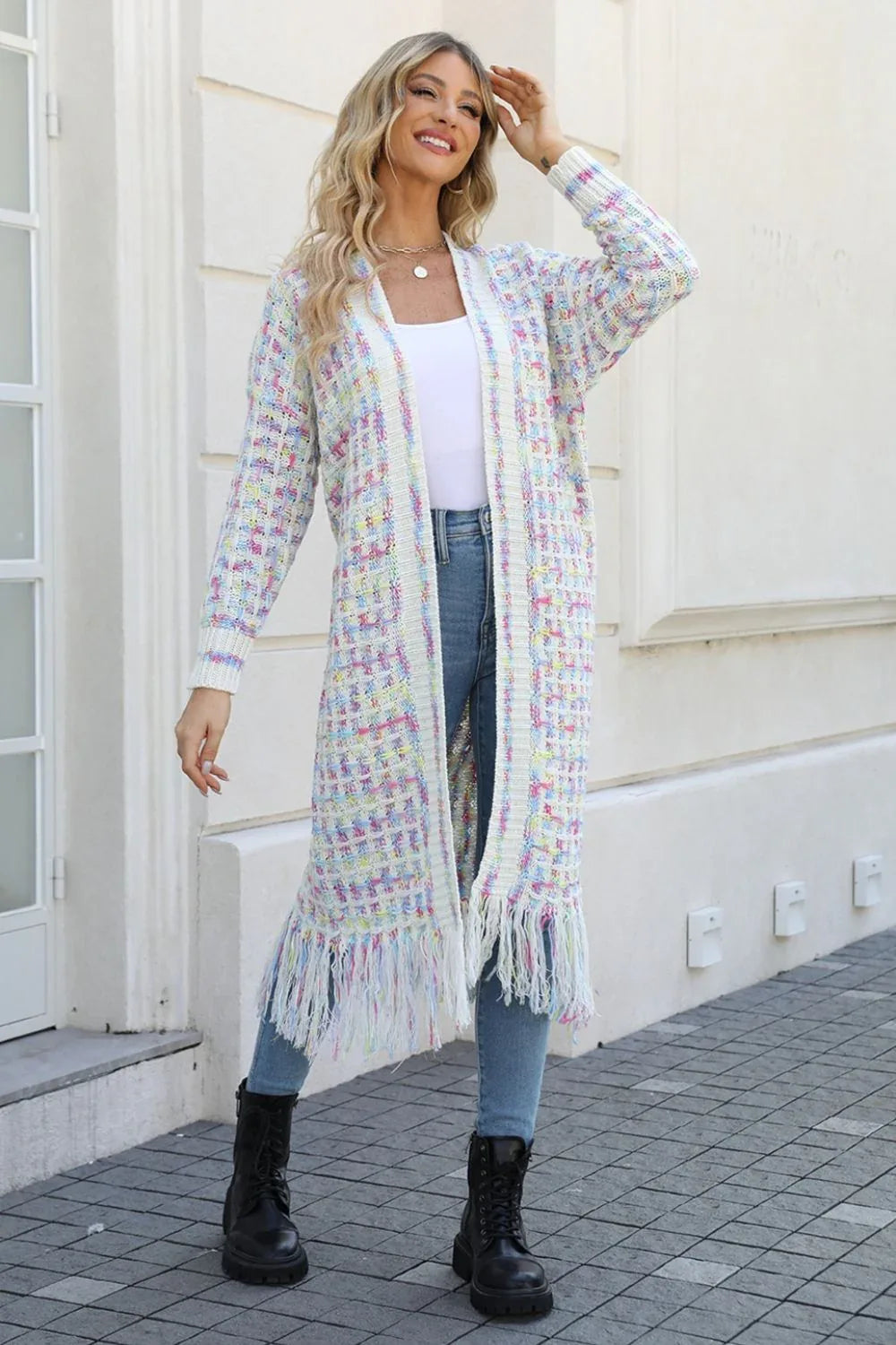 Multicolor Open Front Fringe Hem Duster Cardigan Bazarre Mart Multicolored Open Front Fringe Long Sweater