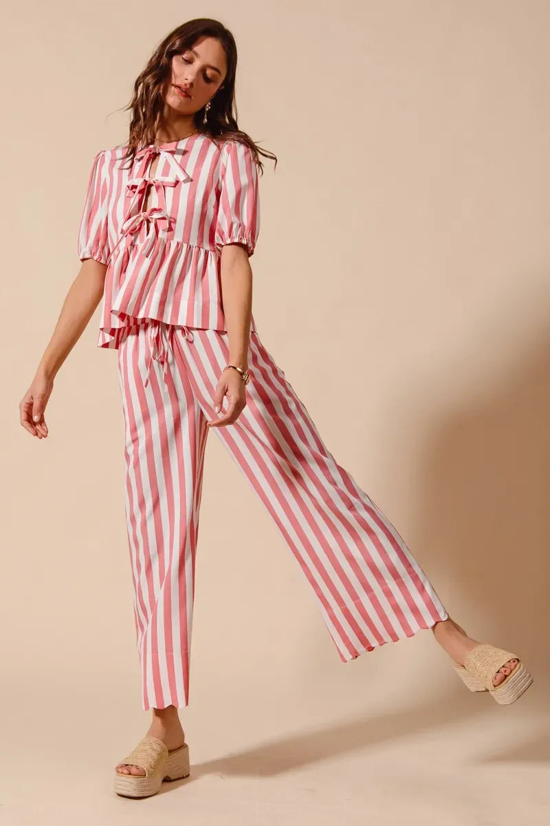 Pink Striped Pants Set Trendsi Front Tie Stripe Top With Puff Sleeves and Pants