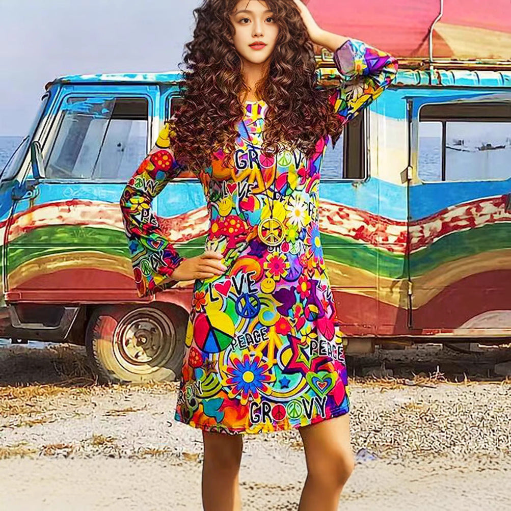 Retro Hippie Bell Sleeve Mini Dress – Boho Geometric Print High Waist Dress CJ Dropshipping Retro Hippie Dress