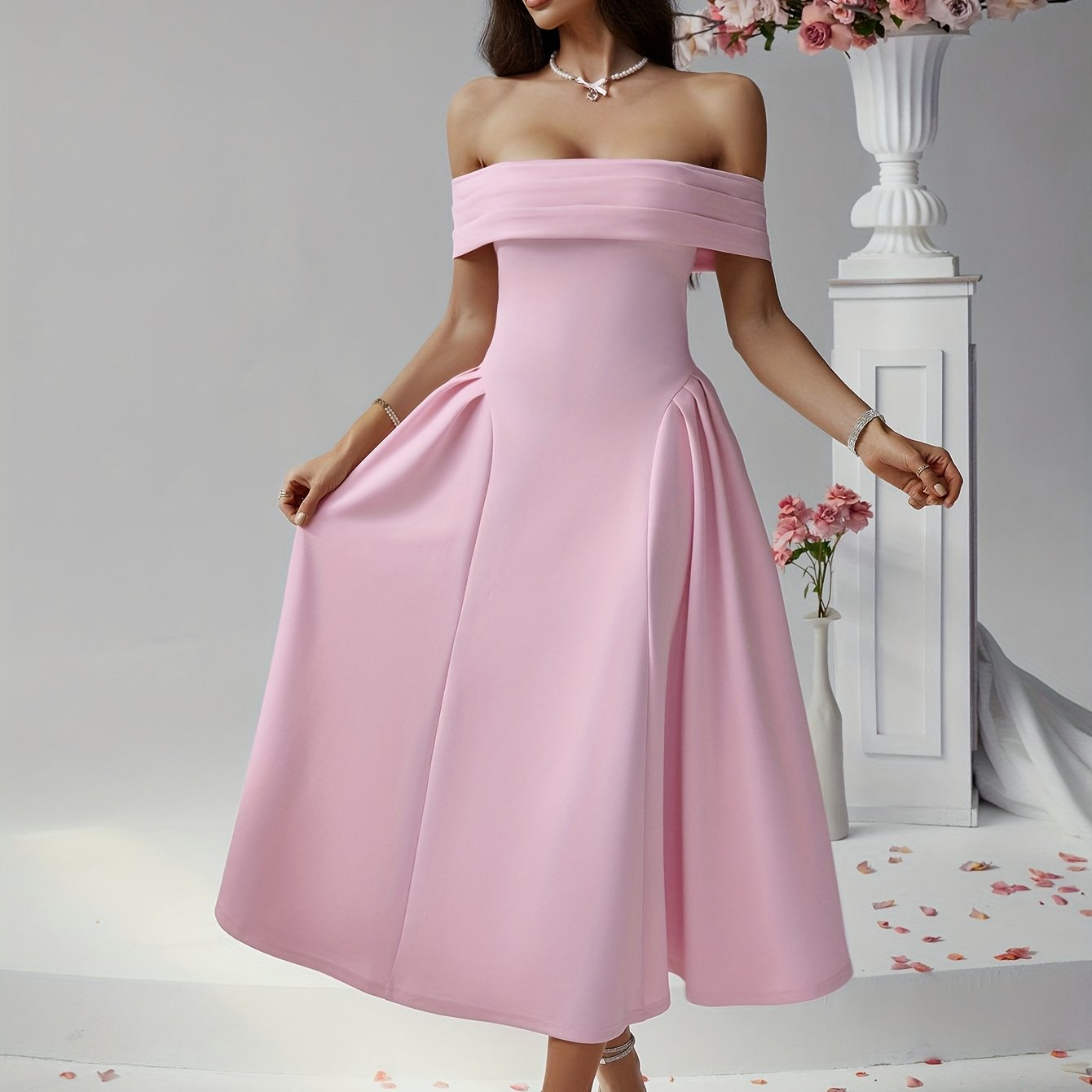 Elegant Pure Color High Waist Off Shoulder Midi Dress