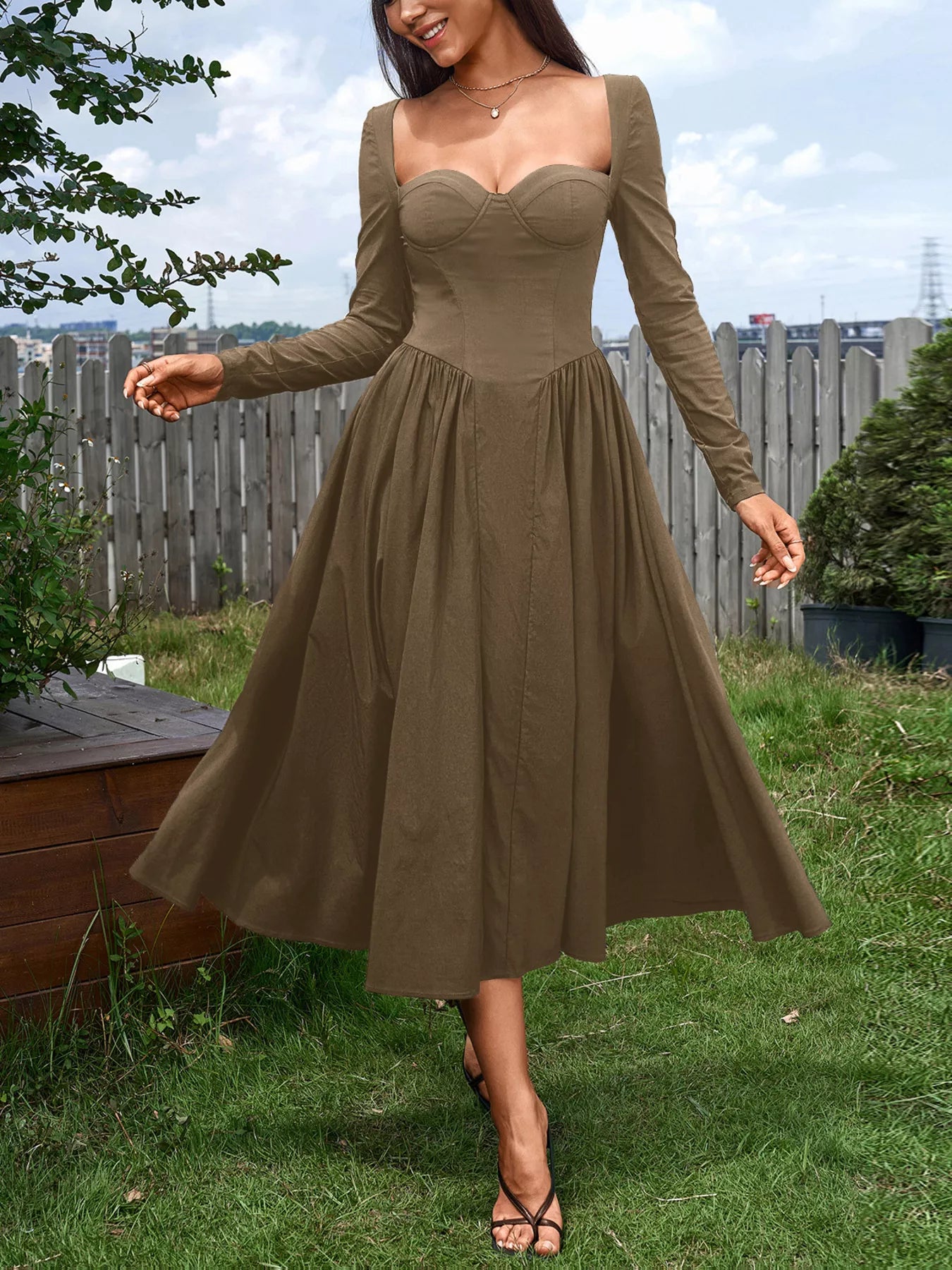 Sweetheart Neckline Long Sleeve A-Line Midi Dress Brown Trendsi Sweetheart Neckline Long Sleeve A-Line Midi