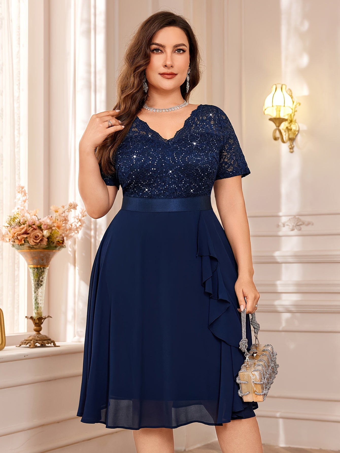 Navy Sequin Lace V-Neck Short Sleeve Chiffon Ruffle Hem Dress