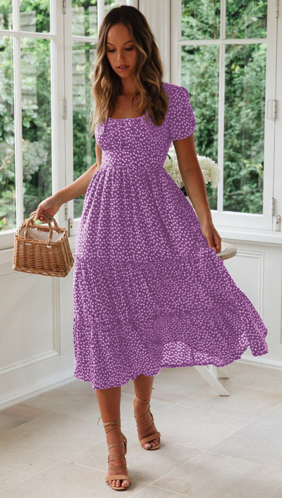 Short Puff Sleeve Floral Tiered Dress Purple CJ Dropshipping Ditsy Tiered Peasant Dress