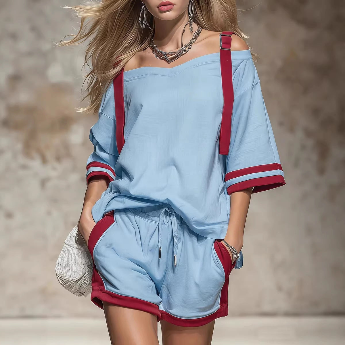 Women’s Summer Red Striped Shorts Set (Off-Shoulder) CJ Dropshipping Color Block Shorts Set