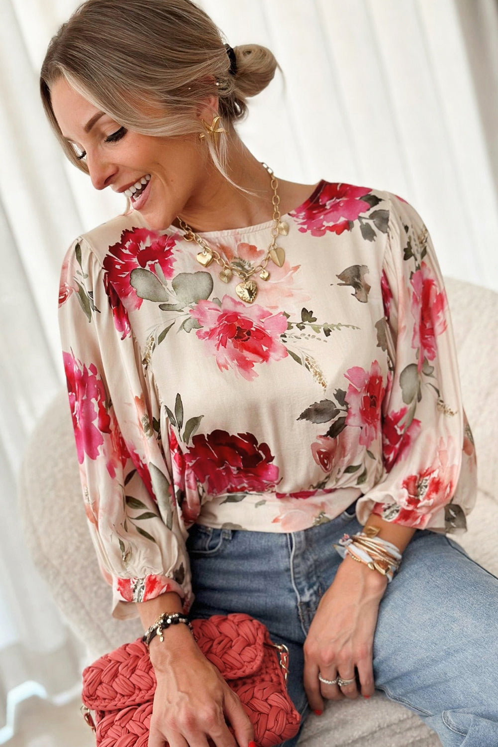 Rose 3/4 Sleeve Lace-up Back Blouse