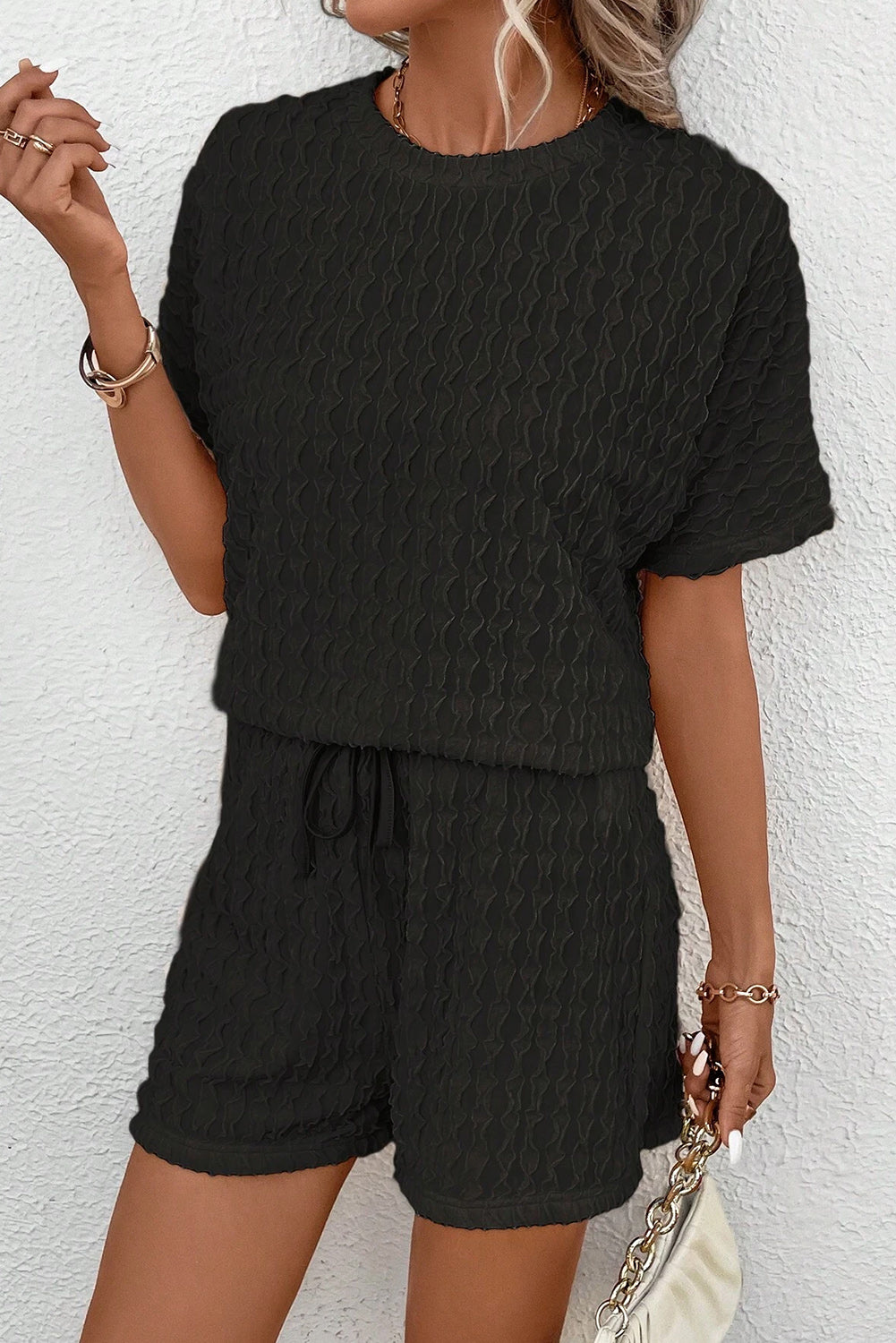 Black Textured Short Sleeve Top and Shorts Set