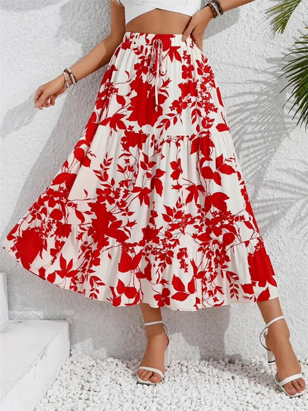 Red and White Ruffled Hem Printed Midi Skirt Deep Red Trendsi Ruffled Hem Printed Midi Skirt