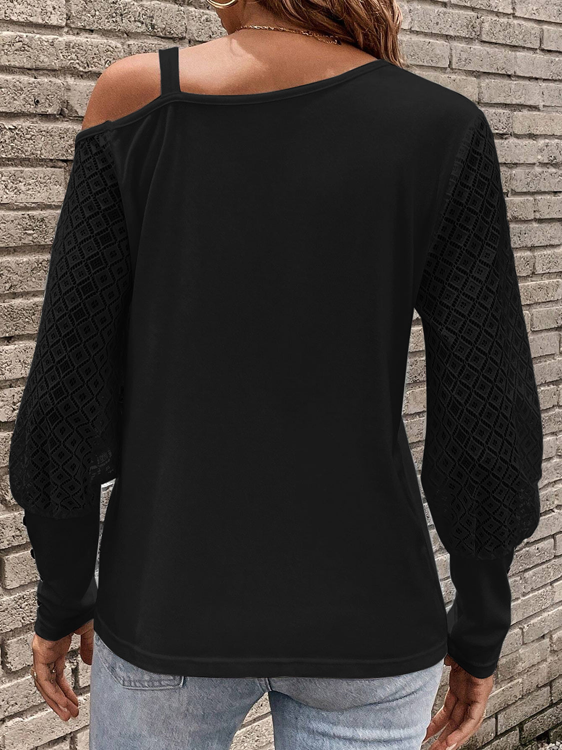 Back of Black Asymmetrical Neck Lace Long Sleeve T-Shirt