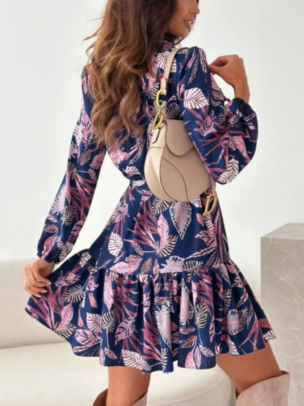 Ruffle Hem Floral Long Sleeve Mini Dress Bazarre Mart Ruffle Hem Floral Long Sleeve Dress