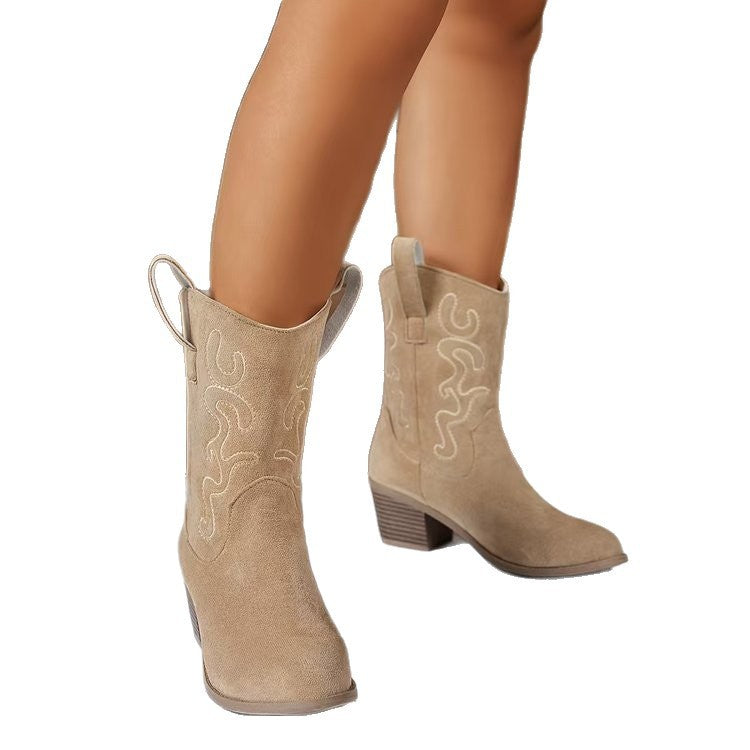 Round Toe Mid Calf Western Boots