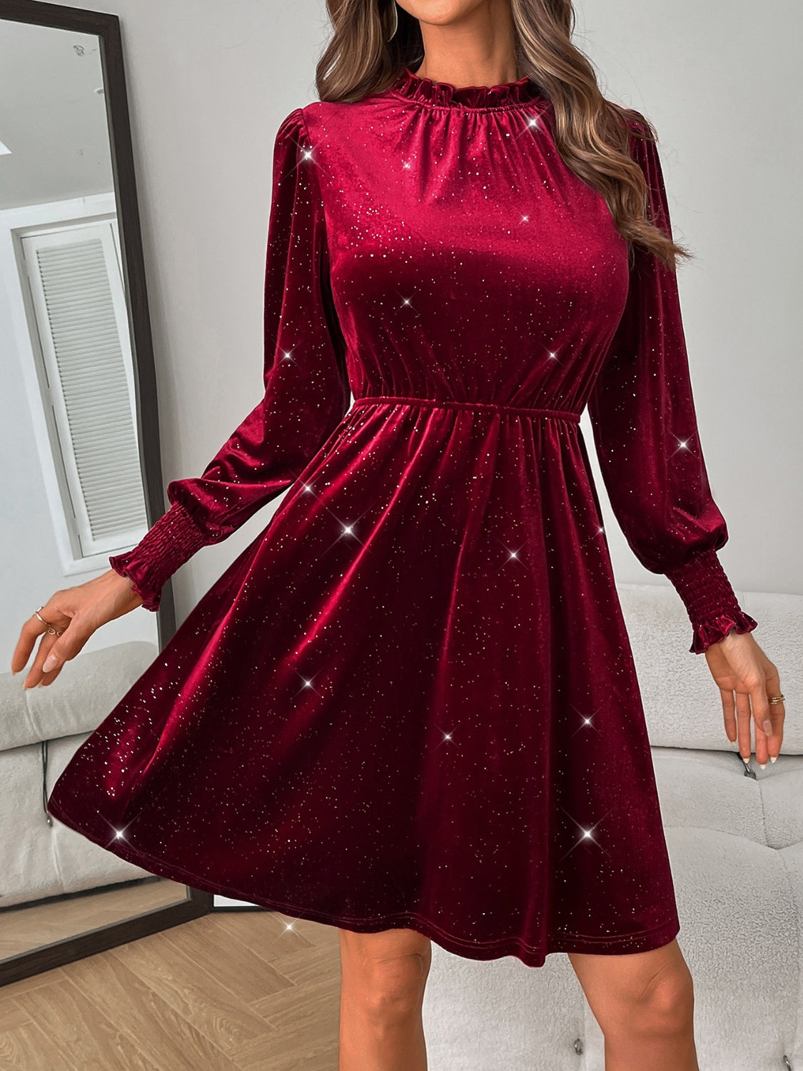 Glittery Velvet Long Sleeve Dress