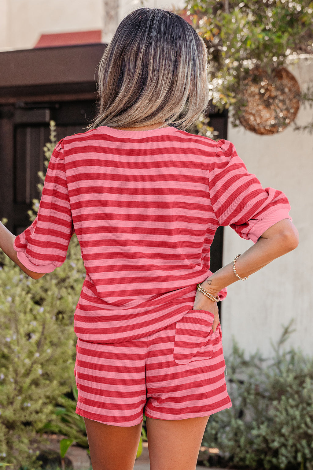 Striped Puff Half Sleeve T Shirt Shorts Set Dear-Lover Dropshipping Two Piece Sets/Short Sets